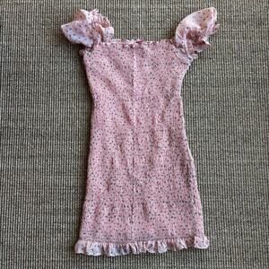 Y2K Smocked Floral Mini Dress with Pouff Sleeves Pink and Green Size S